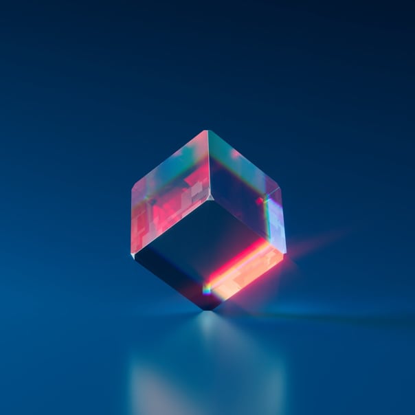 A transparent cube standing on its corner